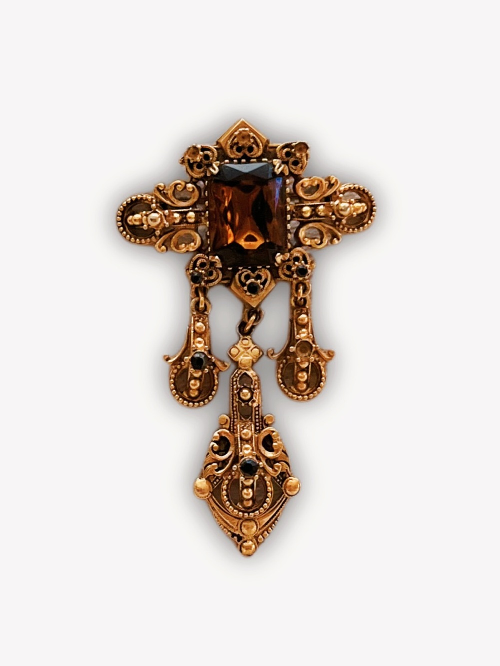 Vintage Florenza Large Faceted Topaz Amber Gold Triple Drop Brooch Pin Signed